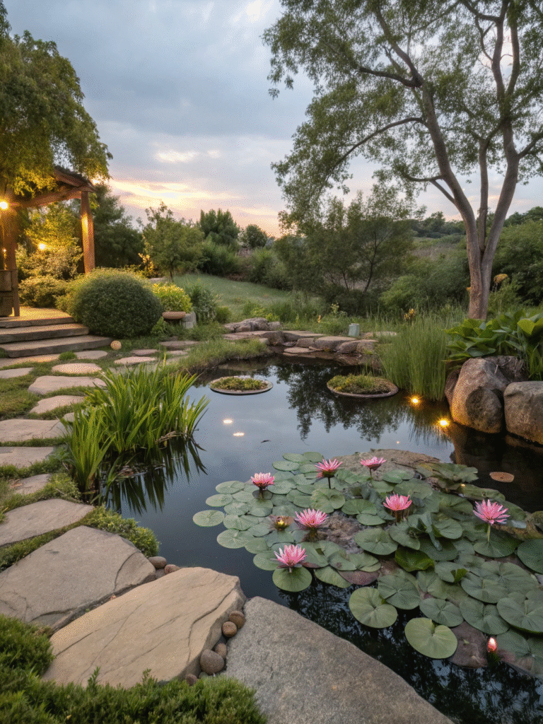 a realistic garden scene featuring a tranquil lily