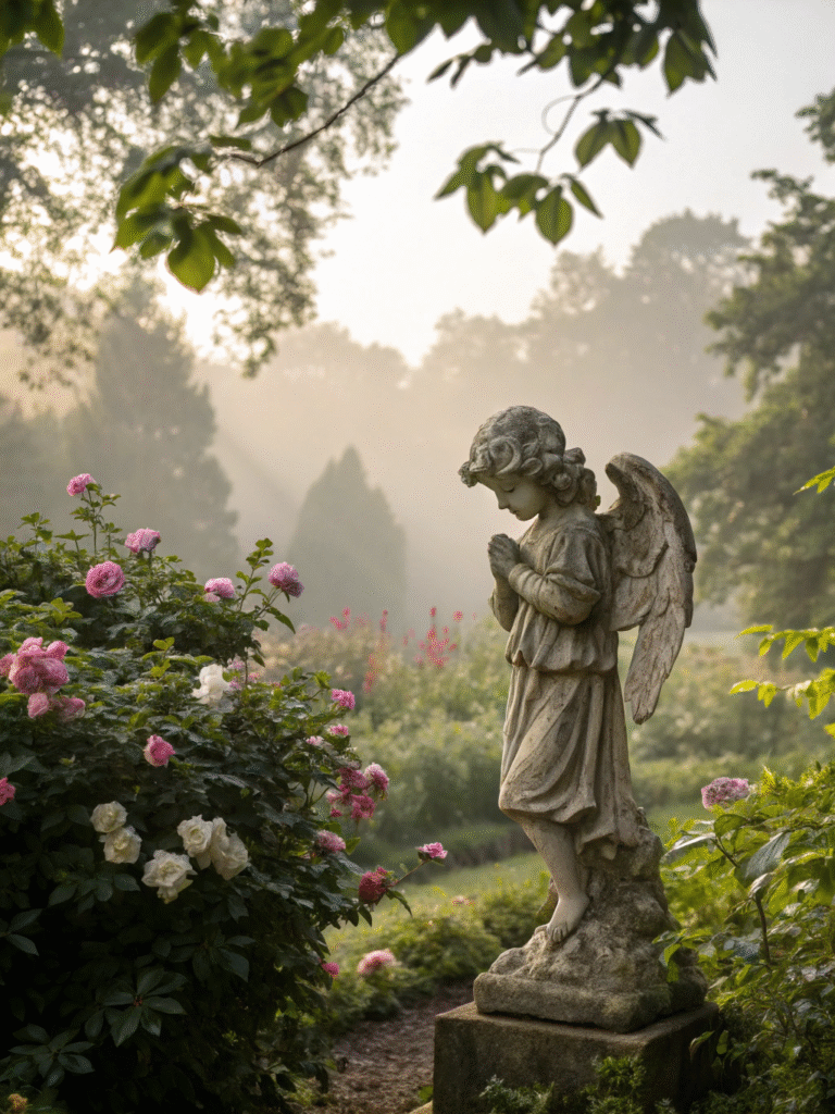 a realistic garden scene featuring a victorian che