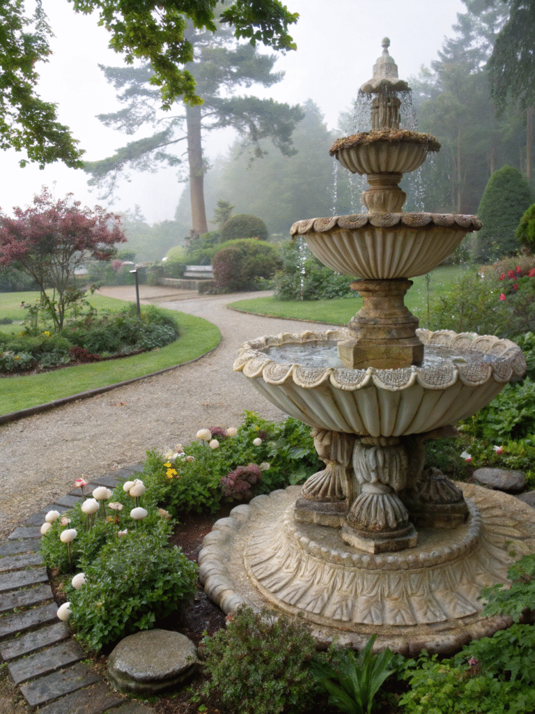 a realistic garden scene featuring a victorian she