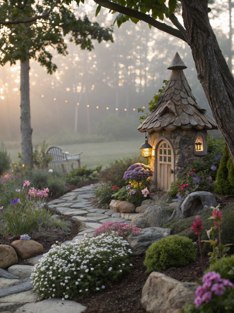 a realistic garden scene featuring a whimsical fai