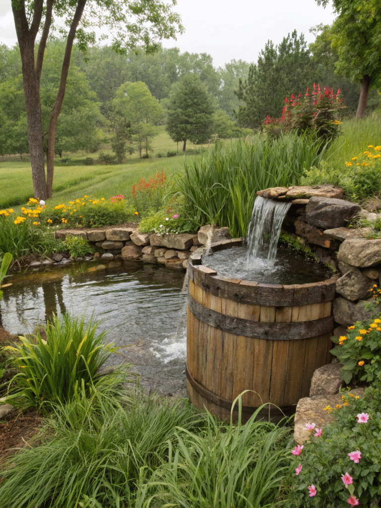 a realistic garden scene featuring a wooden barrel