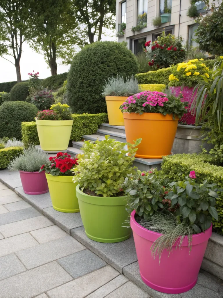 colorful plant pot display in garden nook idea