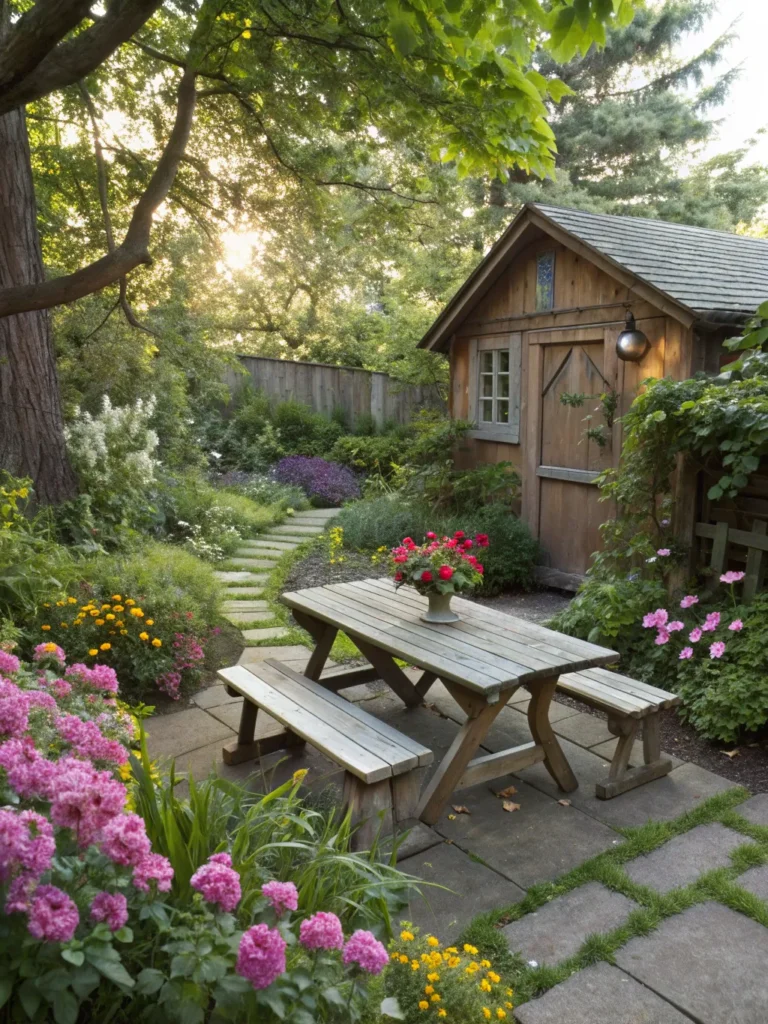 cottage garden picnic area in garden nook idea