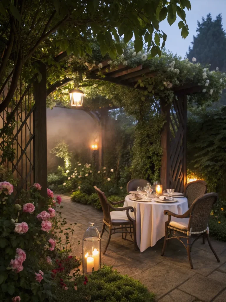 evening lighting dinner spot in garden nook idea