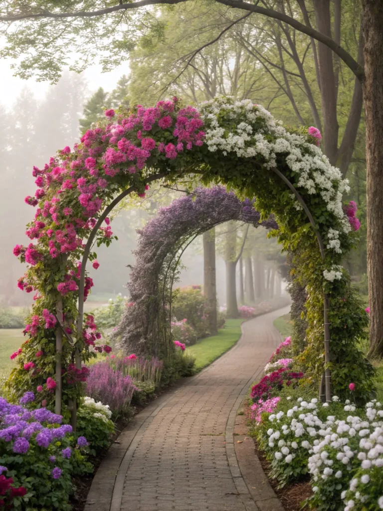 flower covered arch entrance in garden nook idea