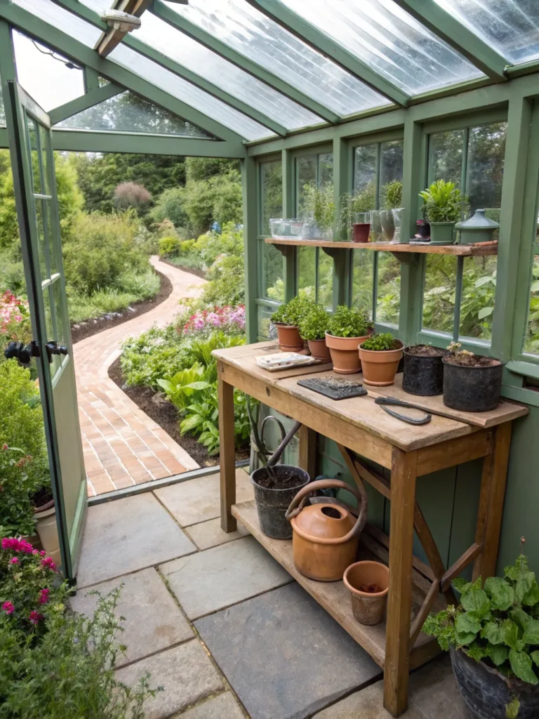 greenhouse potting corner in garden nook idea