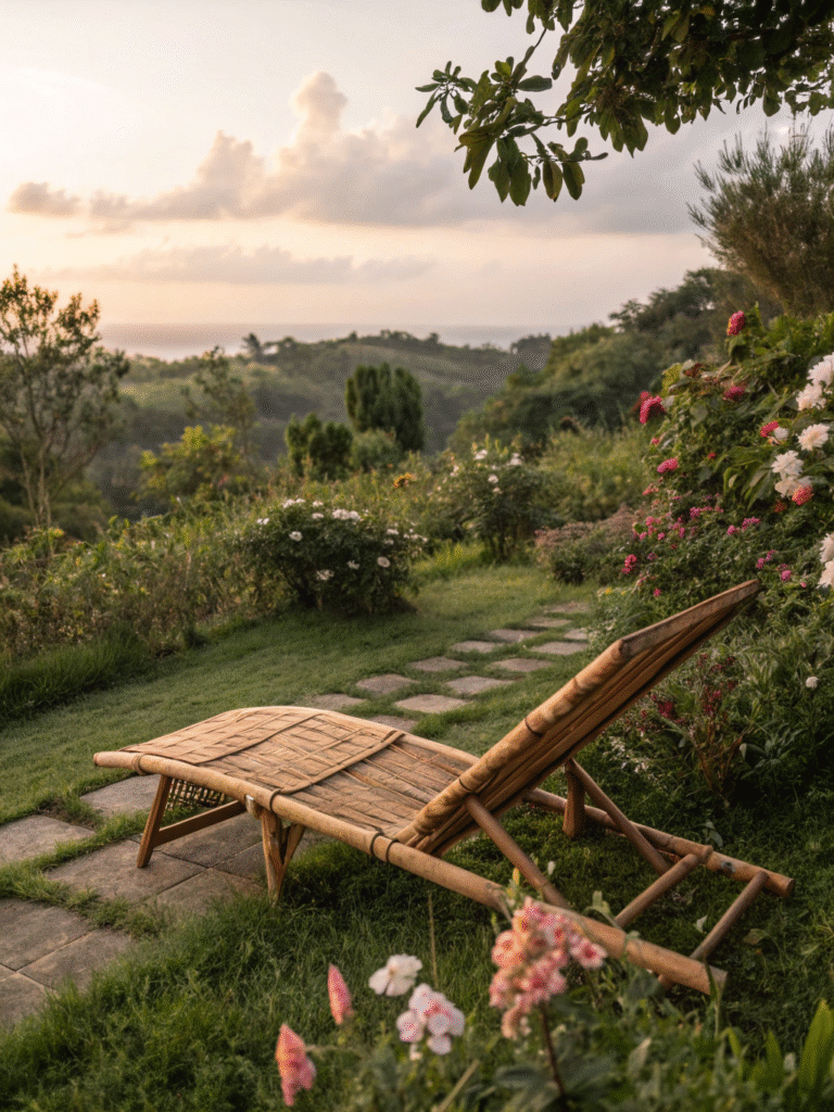 realistic photo of a bamboo recliner placed in a l