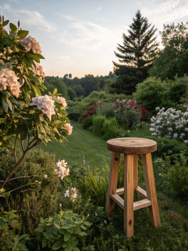realistic photo of a cedar garden stool placed in