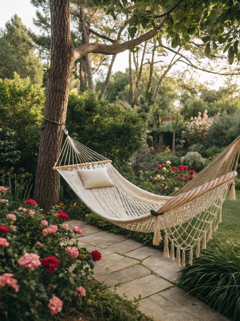 realistic photo of a classic rope hammock in a bea