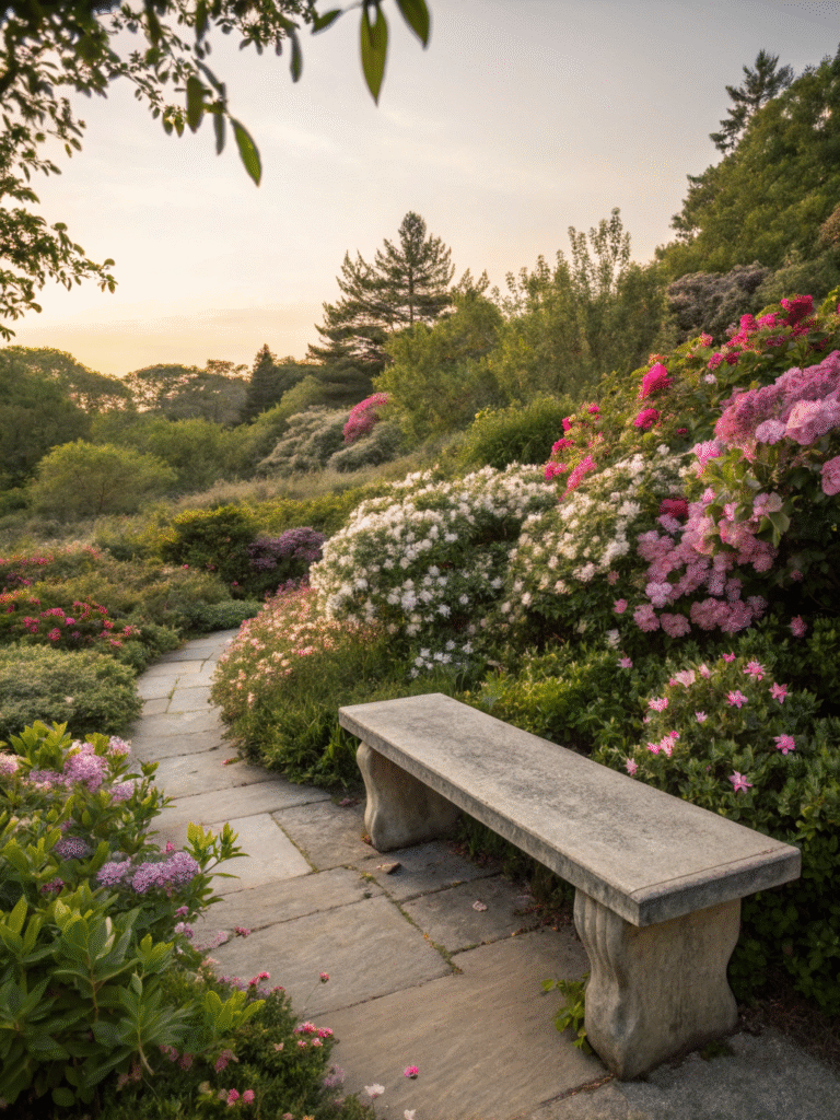 realistic photo of a concrete bench placed in a lu
