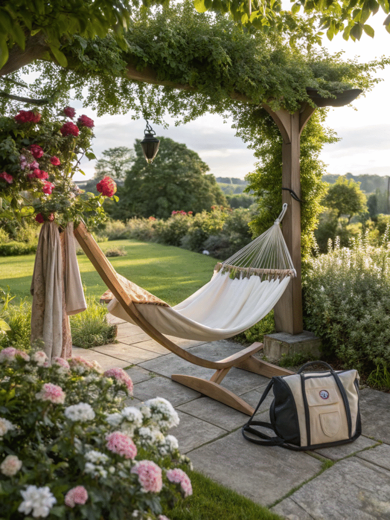 realistic photo of a free standing hammock with ca