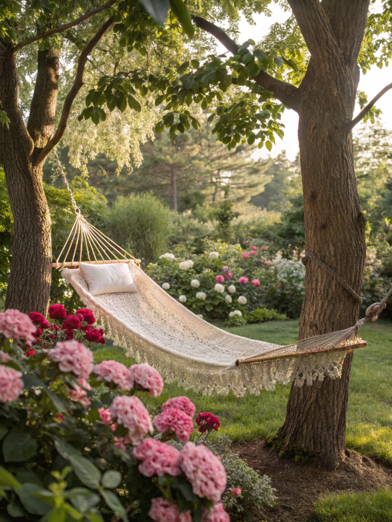 realistic photo of a handwoven cotton hammock in a