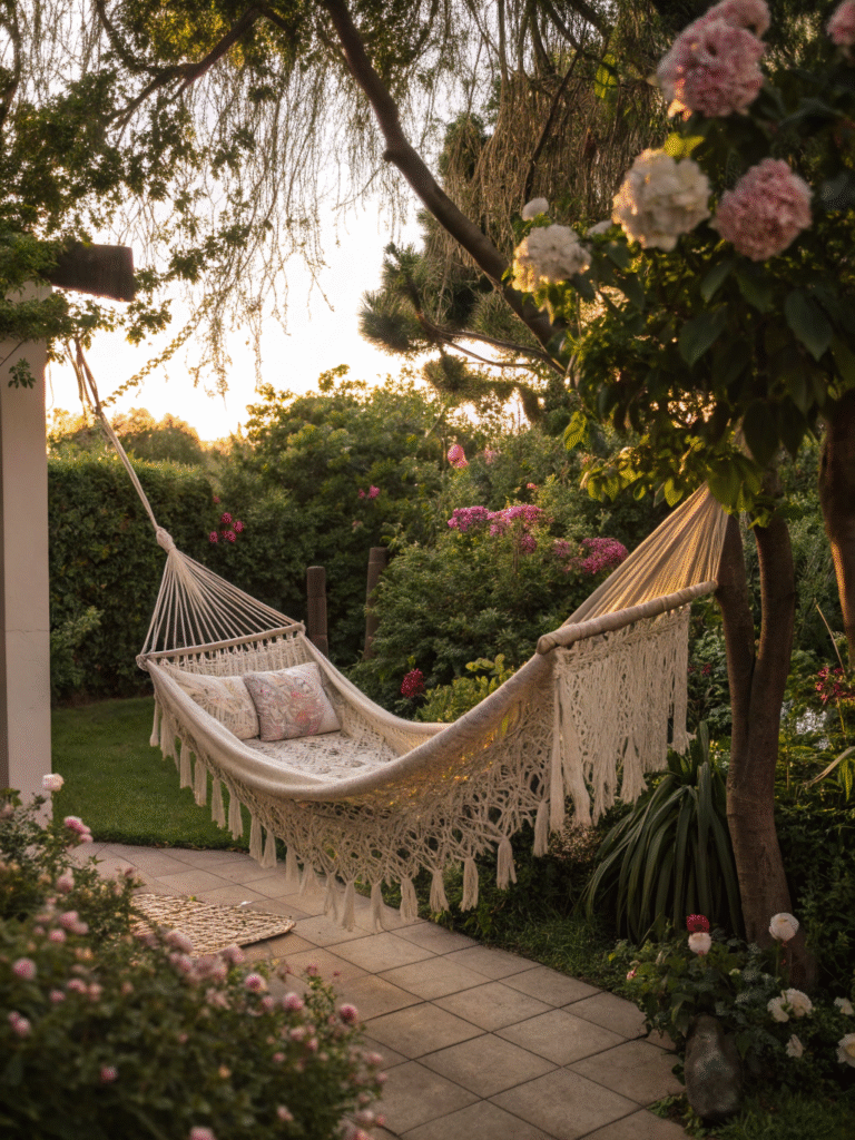 realistic photo of a macrame hammock placed in a l