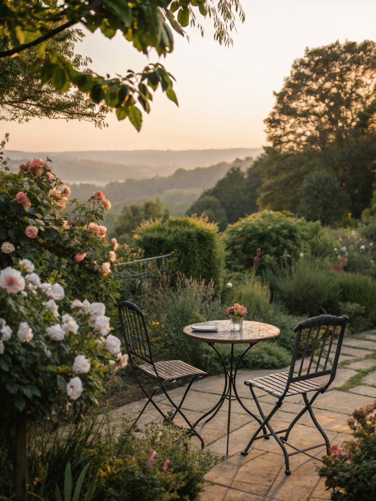 realistic photo of a metal bistro set placed in a
