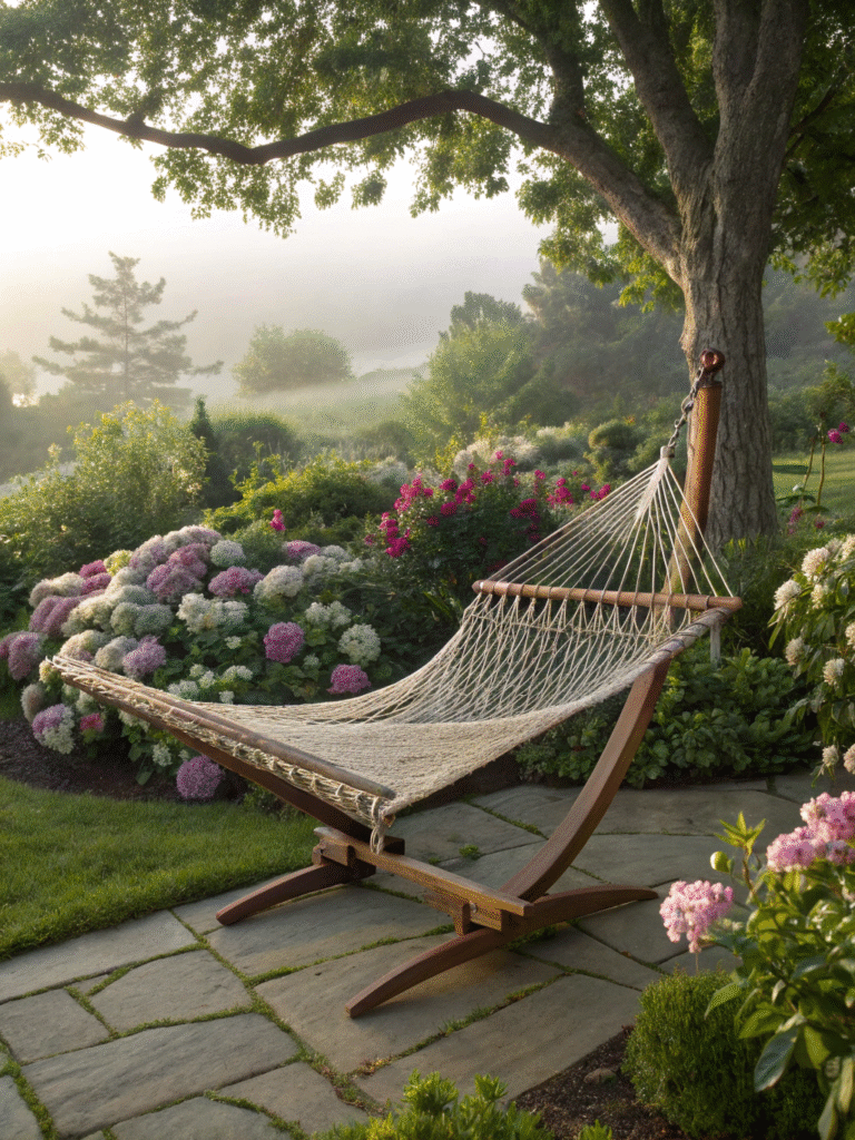 realistic photo of a rope hammock with stand in a