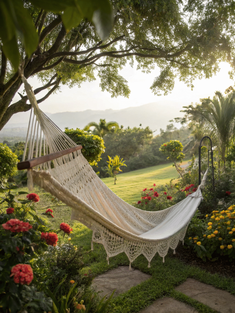 realistic photo of a soft weave hammock in a beaut