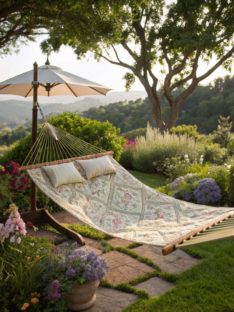 realistic photo of a sunbrella quilted hammock in