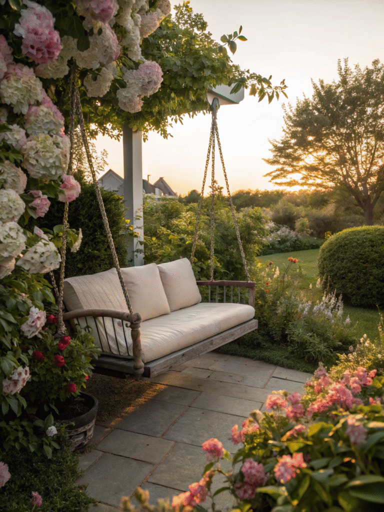 realistic photo of a swinging loveseat placed in a