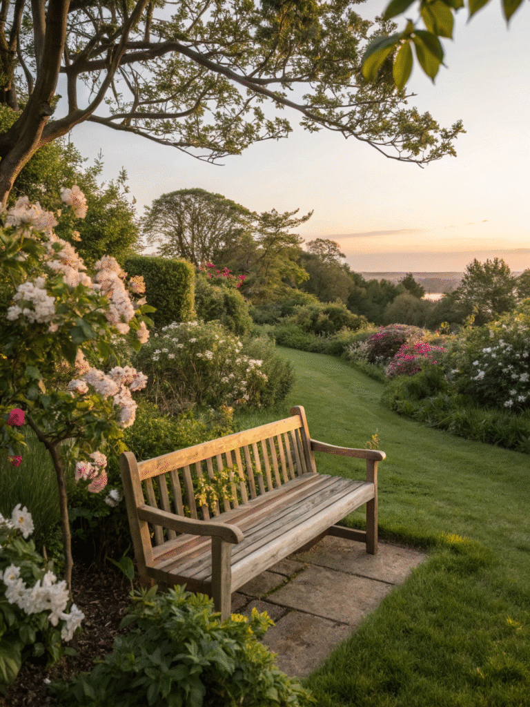 realistic photo of a teak bench placed in a lush g