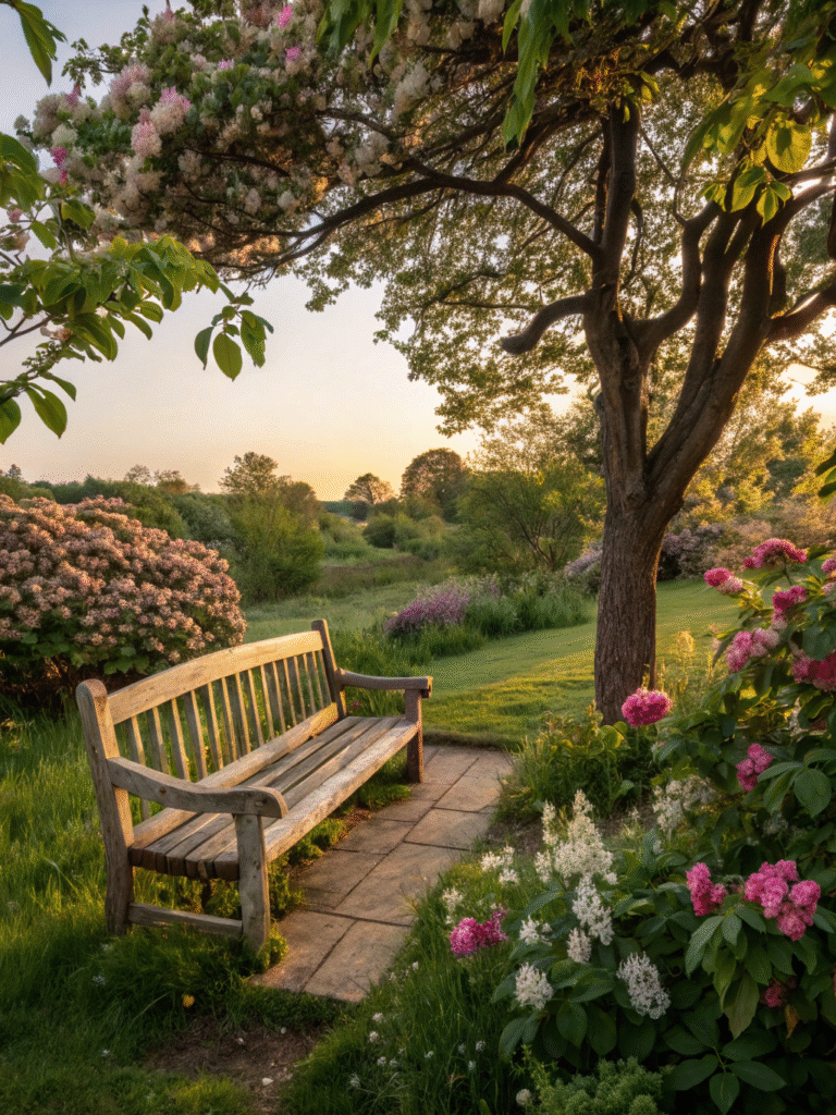 realistic photo of a tree bench placed in a lush g
