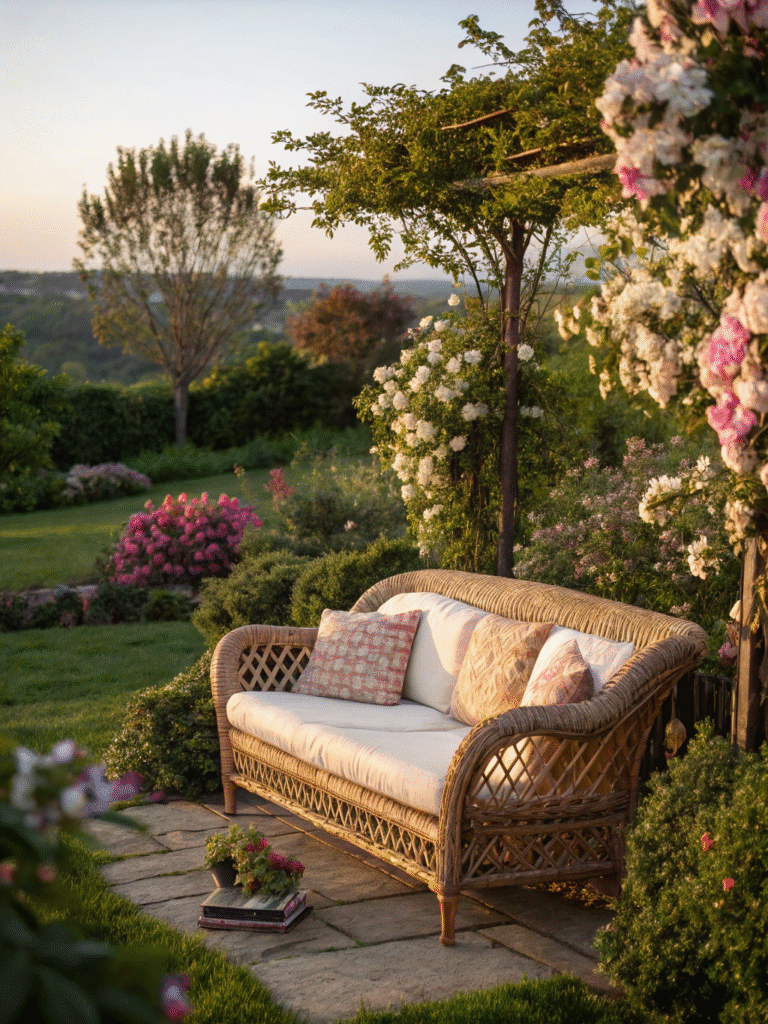 realistic photo of a wicker loveseat placed in a l