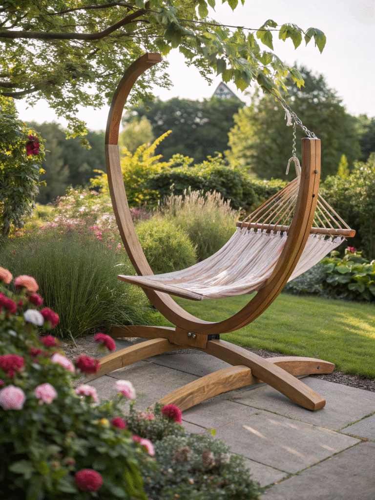 realistic photo of a wooden arc hammock with stand