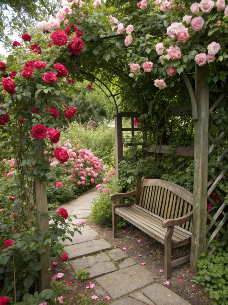 rose garden bench setting in garden nook idea