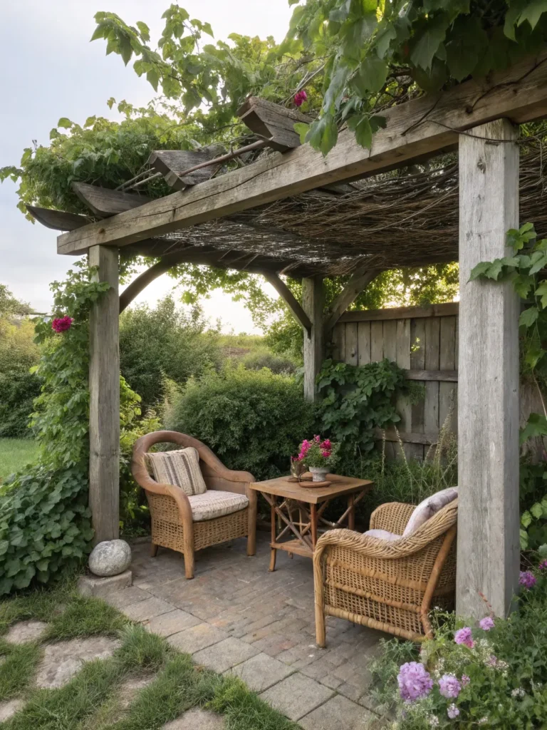 rustic pergola seating in garden nook idea