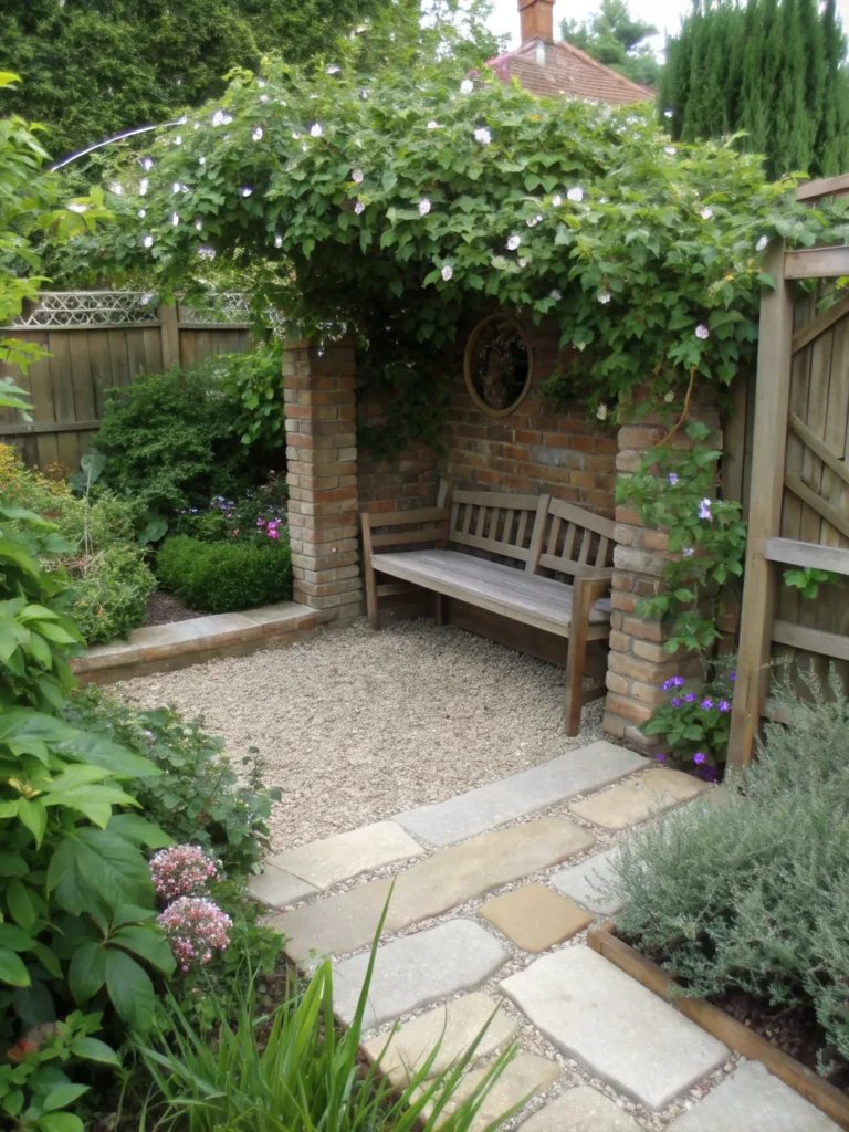 stone pea gravel seating spot in garden nook idea