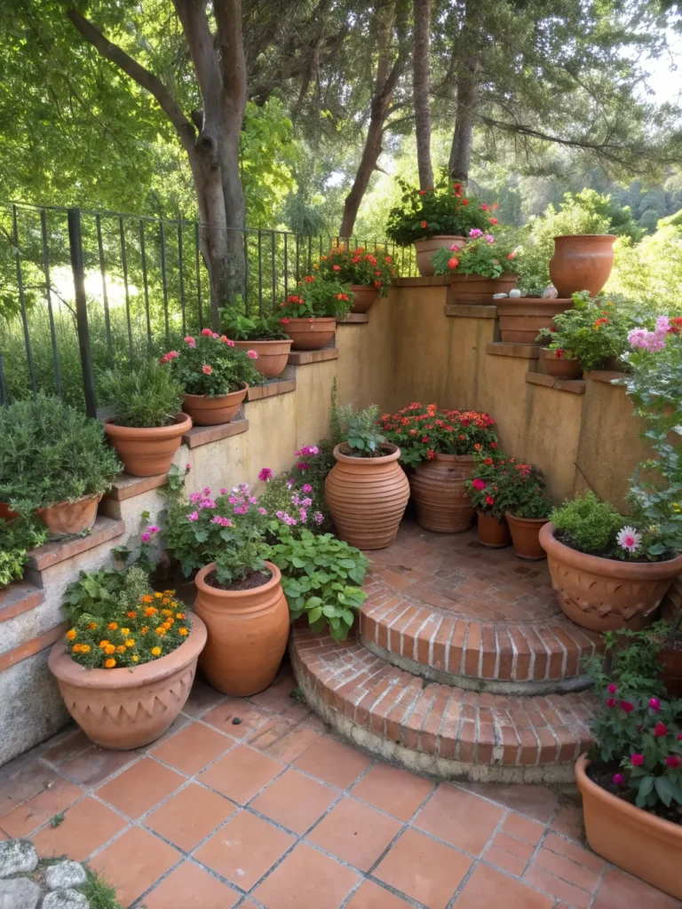 terracotta pot collection corner in garden nook id