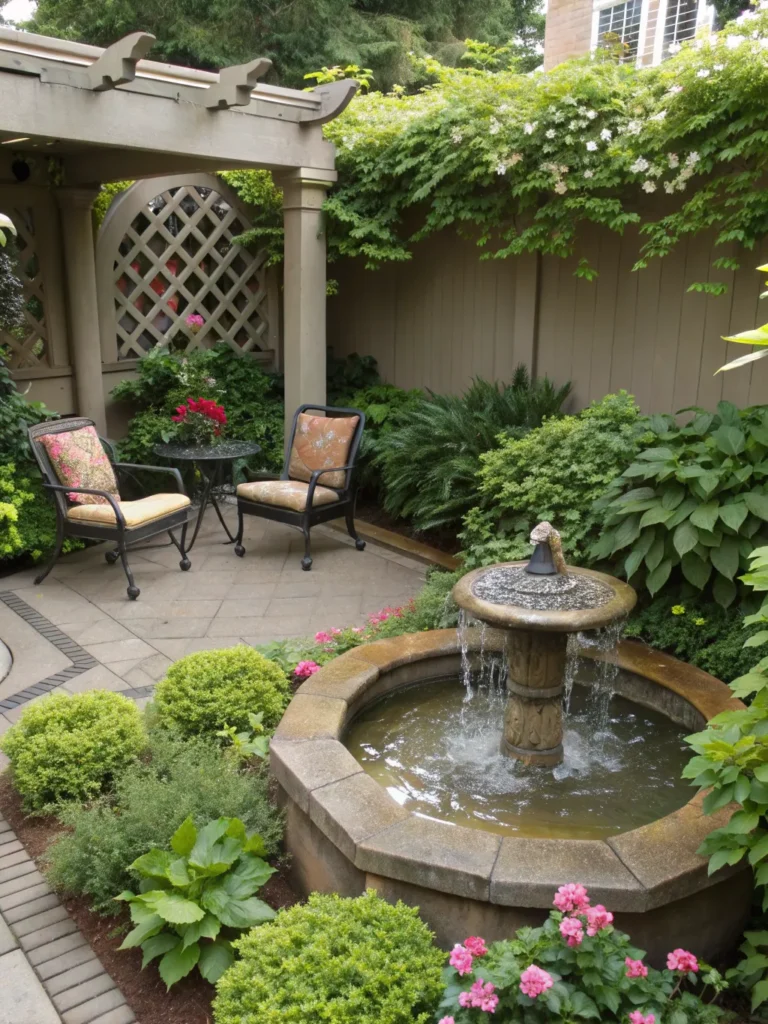water feature seating area in garden nook idea