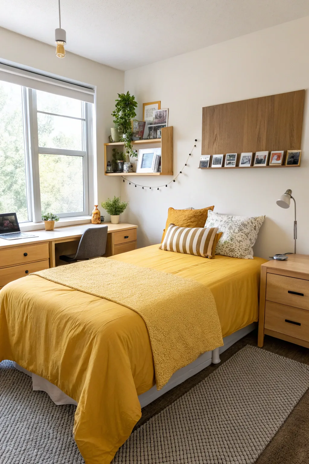 1 realistic dorm room with a neatly made bed fea