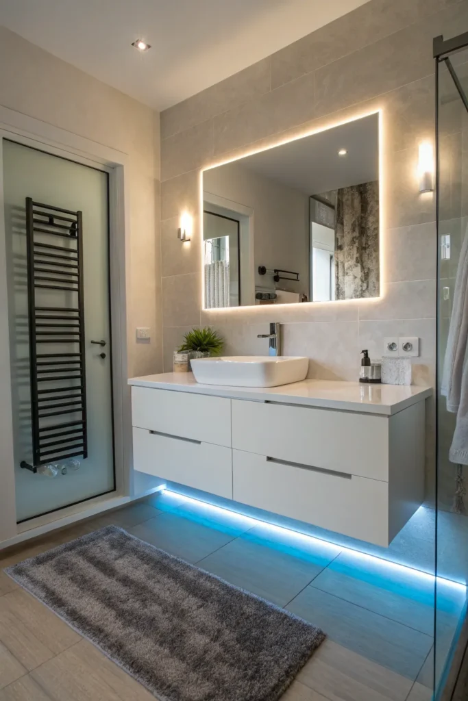 1 ultra modern bathroom with a sleek floating va