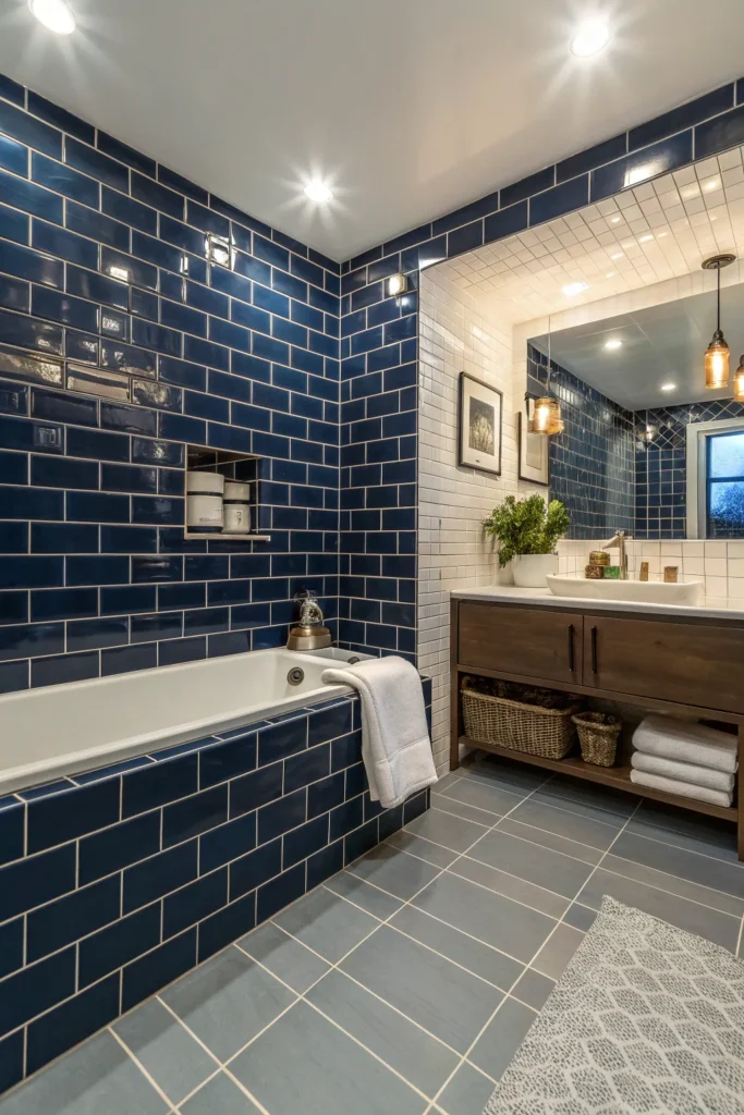 1 ultra realistic bathroom with glossy dark blue