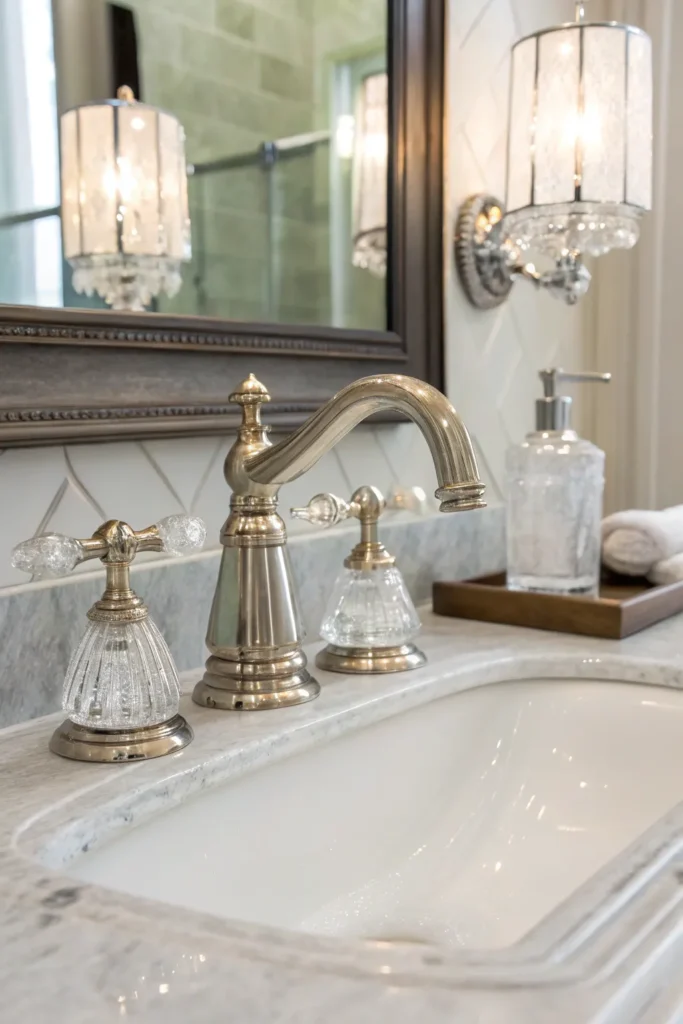 10 a bathroom vanity with a glass handle faucet