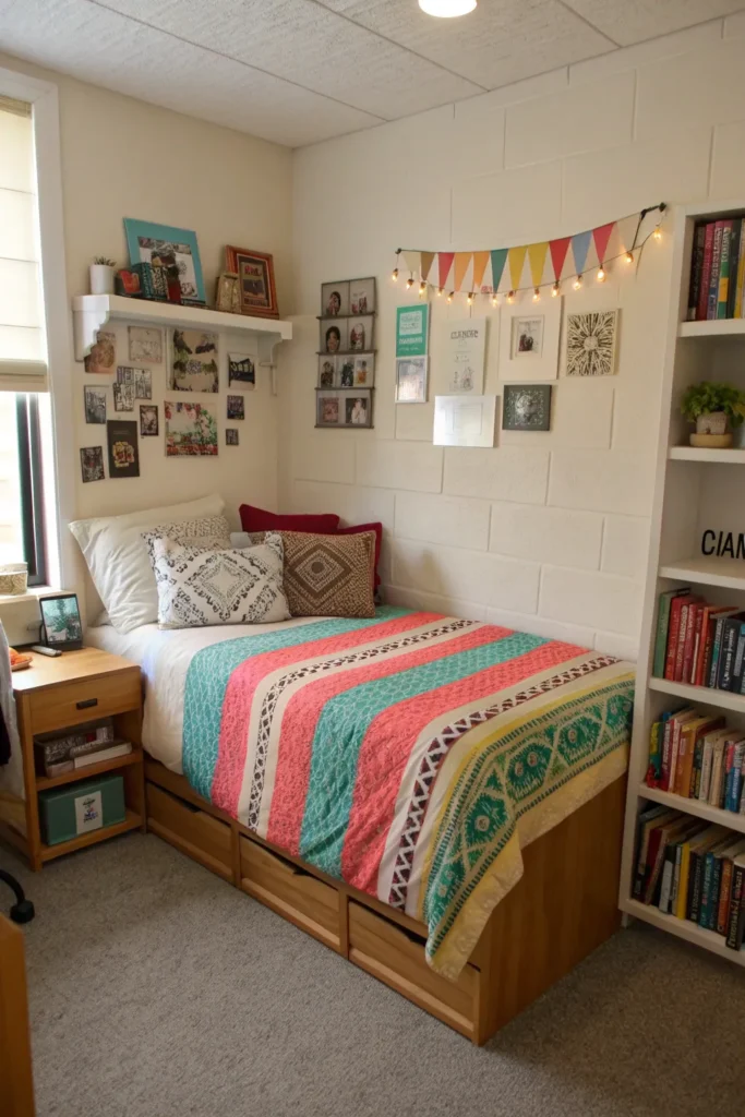 10 a dorm room where the bed is pushed into the