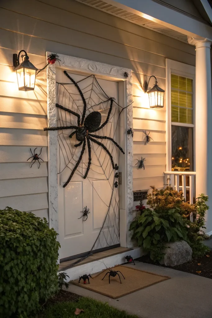 10 a realistic front door with a giant faux spid