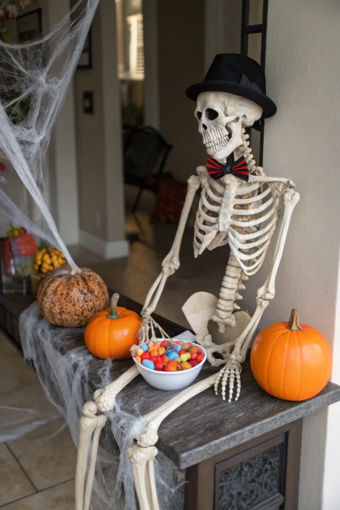 10 a skeleton prop sitting casually on an entry