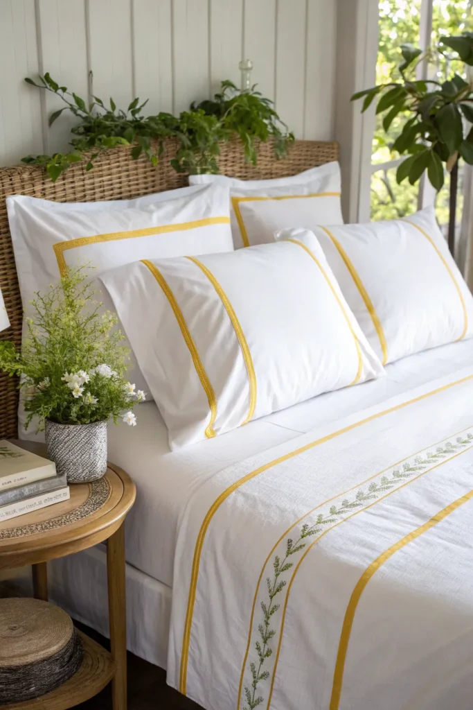 10 bed styled with white bedding accented by yel