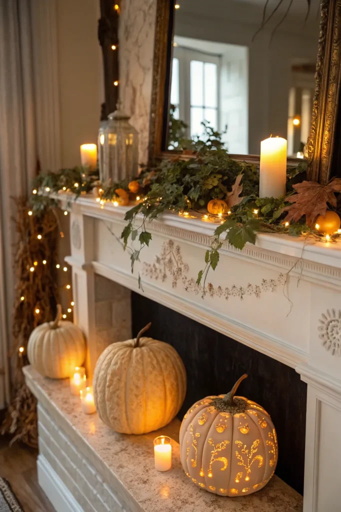 10 classic mantel decorated with carved pumpkin
