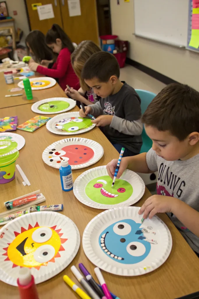 10 kids decorating paper plates with monster fac