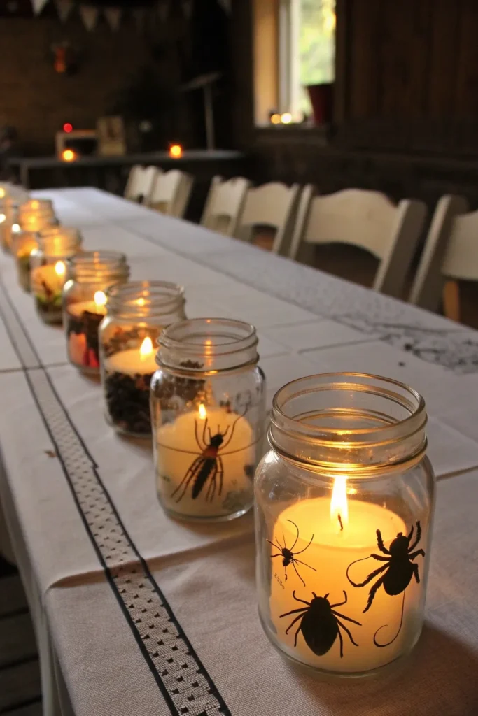 10 mason jars filled with plastic bugs and cockr
