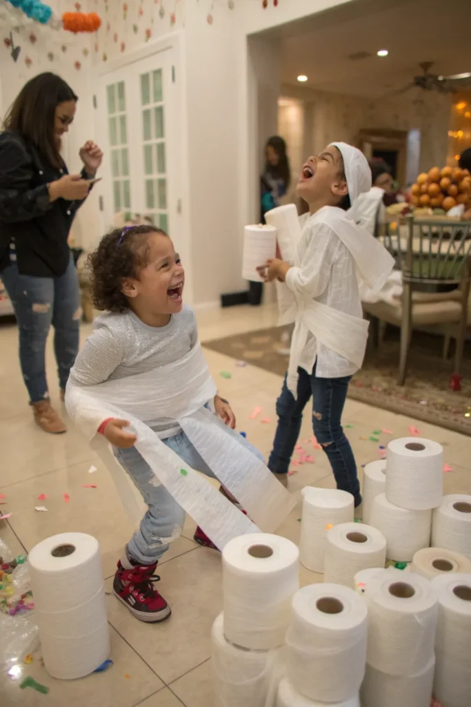 10 mummy wrap game two kids playing a mummy wrap