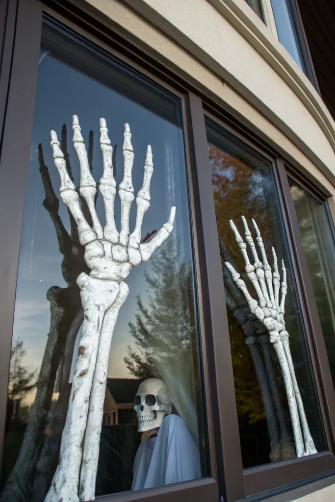 10 realistic skeleton hands painted on a window