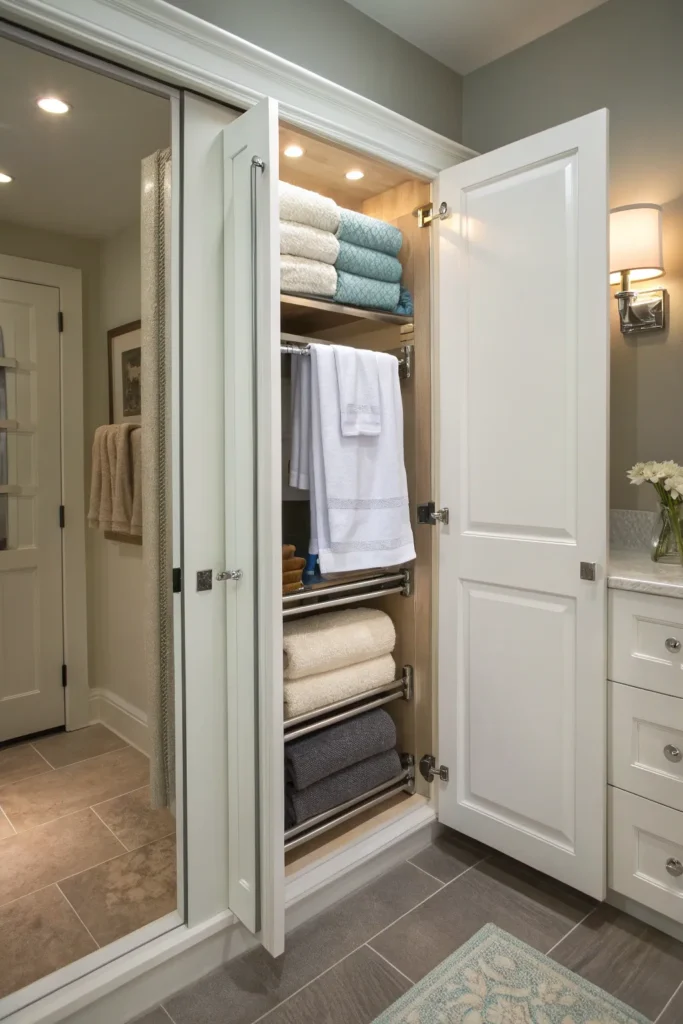 11 a bathroom door open to reveal rods installed