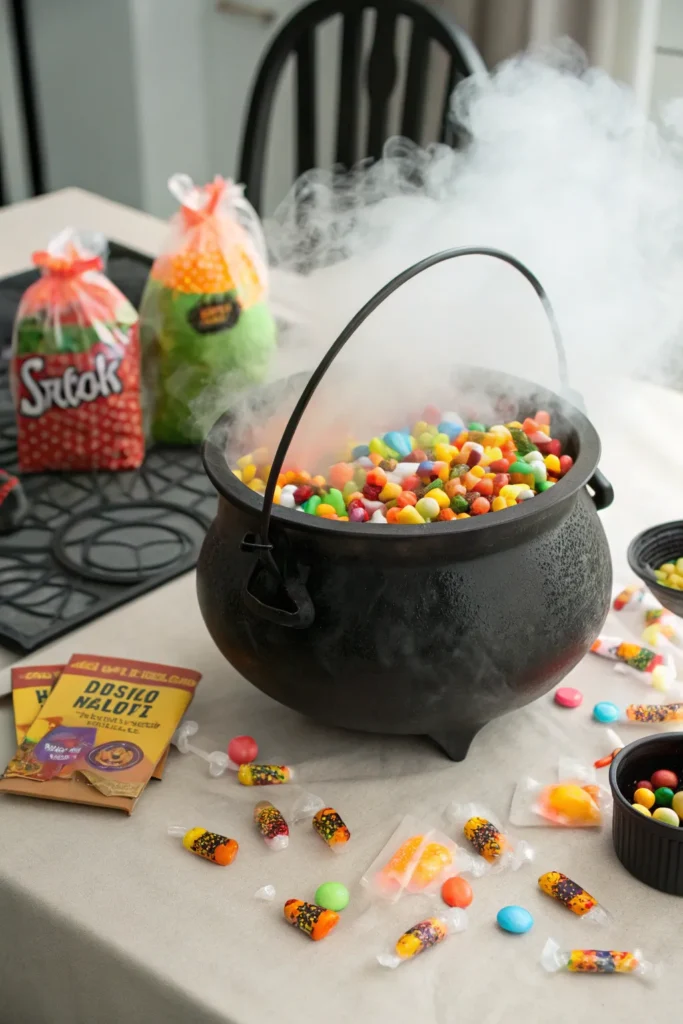 11 a black cauldron centerpiece overflowing with