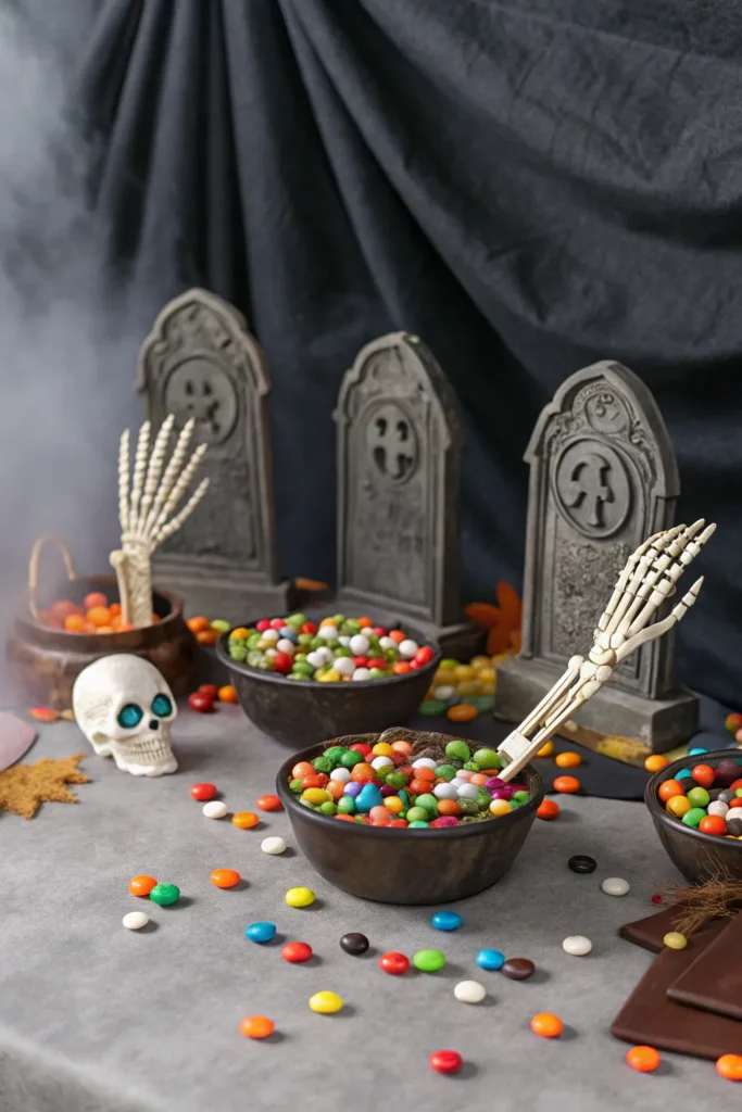 11 a candy graveyard table decorated with small