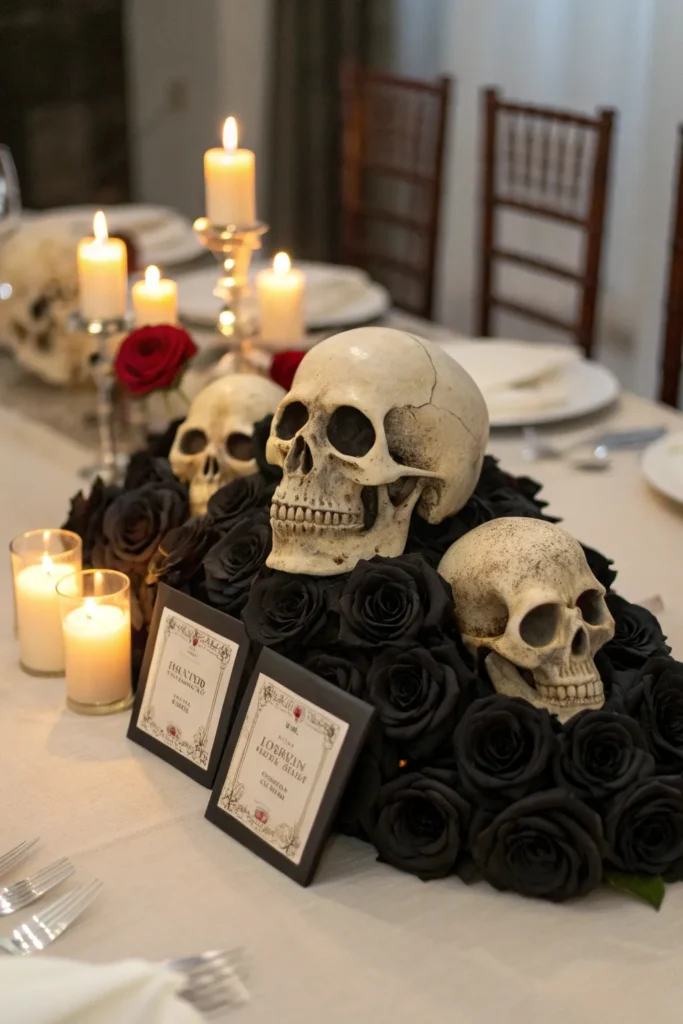 11 a dining table decorated with multiple skulls