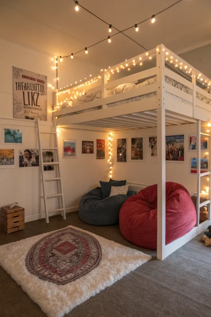 11 a lofted bed with a lounge area underneath f