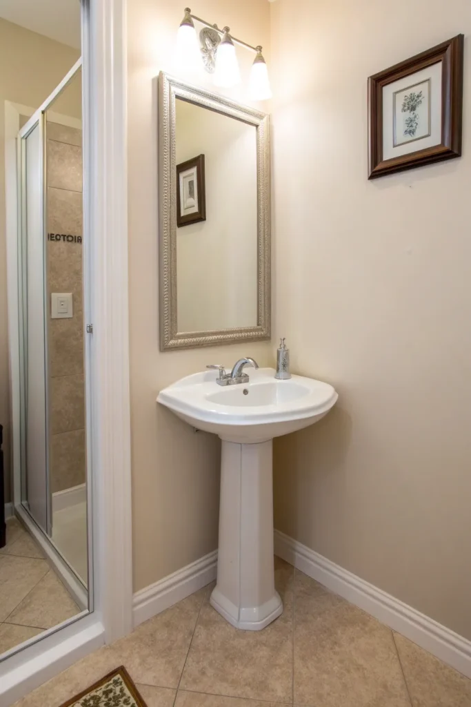11 a slim narrow pedestal sink tucked into a cor